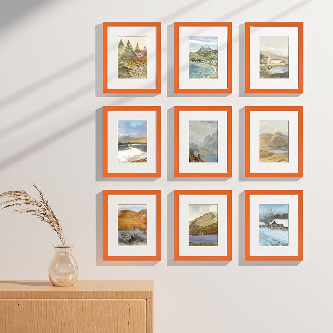 Vittanly 8x10 Picture Frames Set of 9 for Wall or Tabletop Display, Orange | Display Pictures 5x7 with Mat or 8x10 without Mat, Small Photo Frames, Engineered Wood with Shatter Resistant Plexiglass