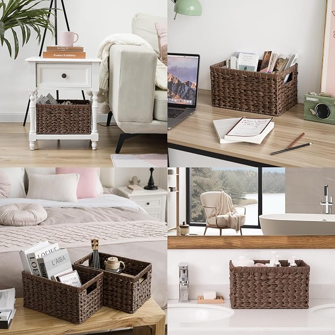 GRANNY SAYS Wicker Storage Baskets for Shelves, Brown Wicker Baskets,2-Pack | Waterproof Large Wicker Baskets for Organizing, Woven Basket for Pantry, Rectangle Basket for Shelf,Woven Baskets for Storage