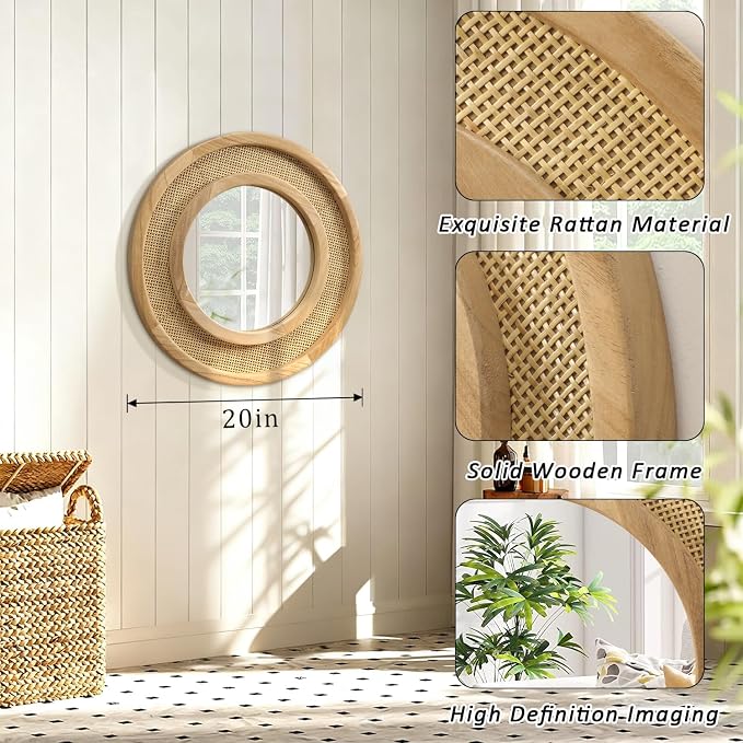 JJUUYOU Wooden Mirror Circle Mirrors for Wall 20 Inch Circular Hanging Mirrors with Wood Frame for Living Room Bathroom Vanity Entryway Hallway