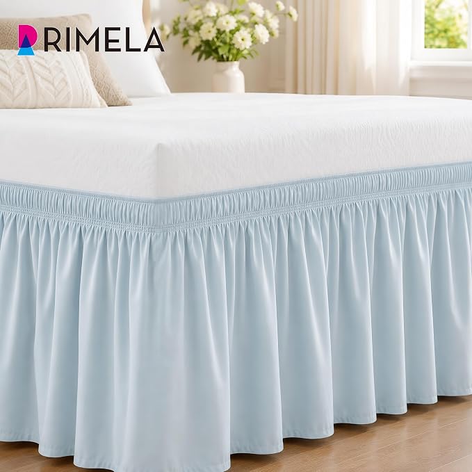 Blue Bed Skirt King Size 18 Inch Drop, Elastic Wrap Around Bedskirt | Solid Ruffled, Easy to Use, No Mattress Lifting, Wrinkle & Fade Resistant, with Adhesive Strips, Machine Wash/Dry/Iron