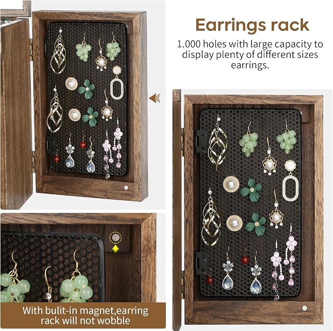 Meangood Jewelry Box Wood for Wowen, 5-Layer Large Organizer Box with Mirror & 4 Drawers for Rings, Earrings, Necklaces, Walnut