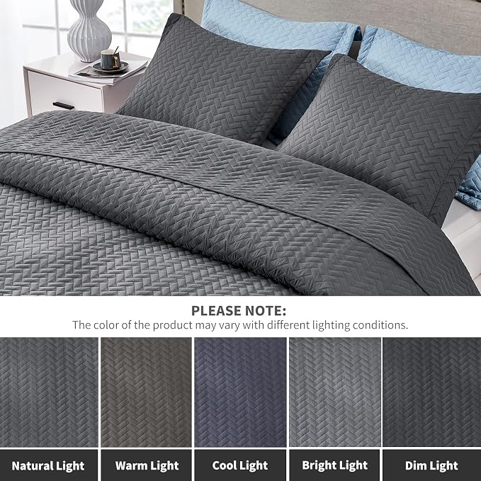 Maple&Stone Dark Grey Quilt Set Twin/Twin XL, Extra Long Bedspread | Breathable Coverlet with Chevron Pattern, All-Season Dorm Bed Cover Set Bedding Decor 2 Piece