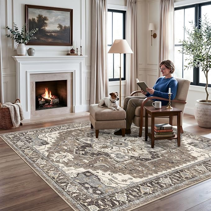 Washable Living Room Area Rug 5x6: Indoor Entryway Kitchen Rugs with Non-Slip Rubber Backing Large Vintage Stain Resistant Bedroom Carpet Non-Shedding Soft Thin Floor Mat for Dining Room(Beige,5x6)