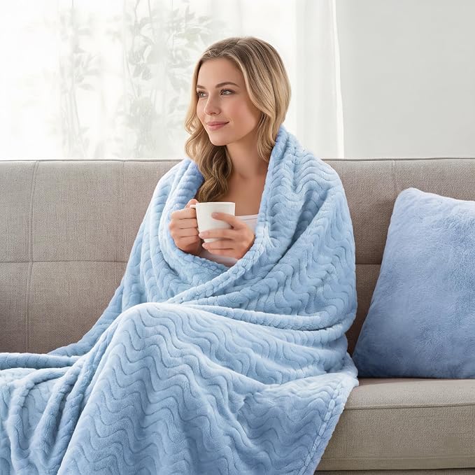 Exclusivo Mezcla Soft Fleece Blanket Twin Size for Bed, Sofa, Light Blue | 90"x66" Breathable Lightweight Flannel Blanket for Summer, Plush Cozy Jacquard Wave for Home Decor