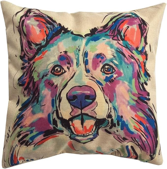 Cute Pet Border Collie Dog Pattern Linen Throw Pillow Covers Car Sofa Cushion Cases Home Decor Square 18"X18" Inch