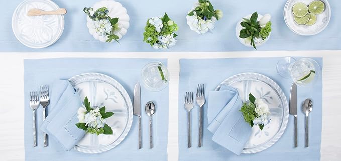 Solino Home 100% Pure Linen Table Runner Sky Blue Hemstitch, 14 x 72 in | Classic Hemstitch, a graceful centrepiece for dining and gatherings, hemstitched border, mitered corners, OEKO-TEX Certified