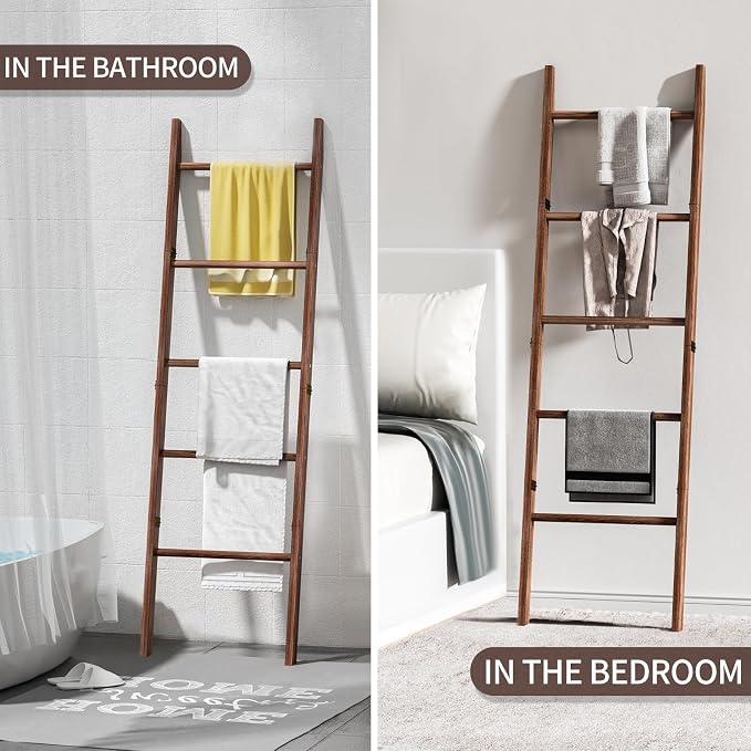 XLHOMO 5-Tier Wooden Blanket Ladder, 63" Rustic Leaning Blanket Rack for Living Room, Decorative Quilt and Towel Holder for Bedroom Bathroom Farmhouse Home Decor, Brown