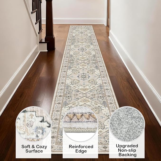 AooHHooA Boho Washable 2x10 Runner Rugs Beige Non Slip Low Pile Long Runner Rug, Stain Resistant Soft Faux Wool Runners for Hallway Laundry Entryway Bedroom