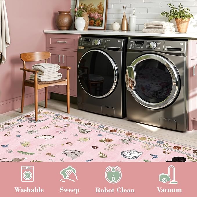 AIMPEAK Pink Area Rugs 3x5 Small Thin Entryway Rug - Vintage Boho Cat Animal Washable Non-Slip Living Room Carpet Soft Low Pile Bedroom Floor Mat Indoor for Nursery Girls Room Playroom, Pink Multi