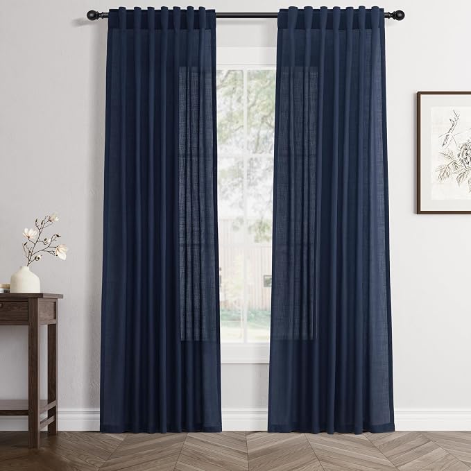 Jowels Navy Linen Curtains 80 Inch Long 2 Panels for Living Room | Navy Blue Light Filtering Semi Sheer Curtain,Back Tab Pocket Pleated Look,Boho Textured Privacy Drapes for Bedroom Window