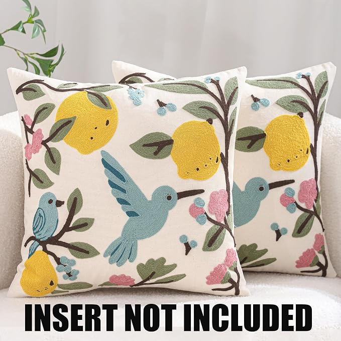 Lemon Embroidered Throw Pillow Covers 18x18 Pack of 2 Blue Birds with Green Leaves Pillow Covers Floral Pillowcases Boho Pillow Cushion Cases Flower Pillow Case Summer Decor