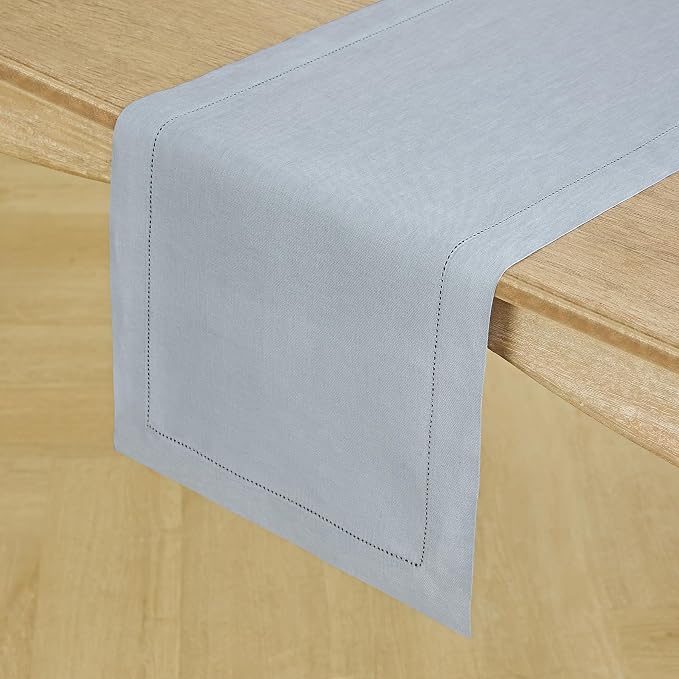 Solino Home 100% Pure Linen Table Runner Blue, Classic Hemstitch 14 x 48 in | dresses up dining tables for everyday meals, hemstitched border, mitered corners, machine washable, soft, OEKO-TEX Certified