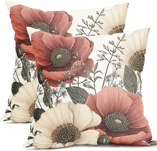 Vintage Flower Pillow Covers 16x16 Inch Rustic Floral Botanical Pattern Throw Pillow Covers Set of 2 Farmhouse Pillowcases Cotton Linen Cushion Covers for Couch Bed Sofa Chair Indoor Outdoor Decor