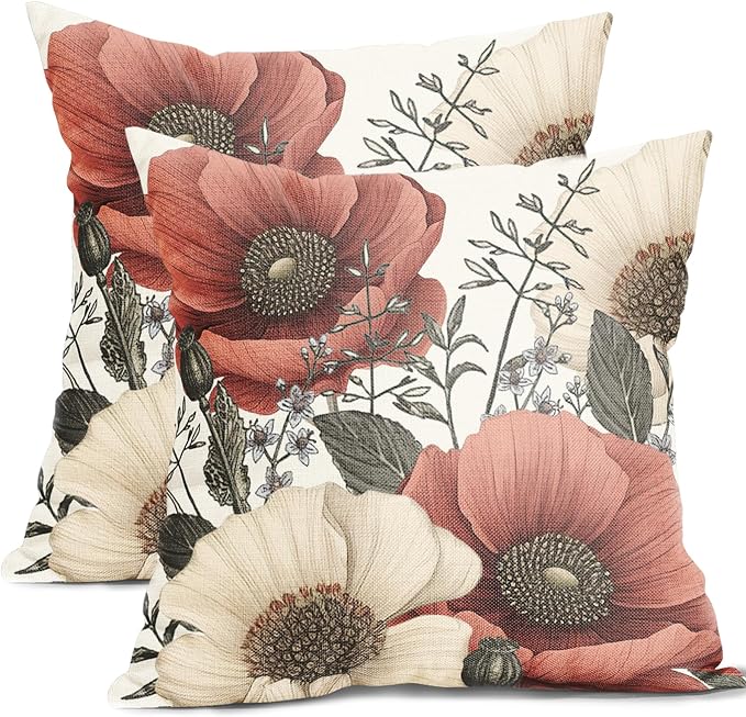 Vintage Flower Pillow Covers 20x20 Inch Rustic Floral Botanical Pattern Throw Pillow Covers Set of 2 Farmhouse Pillowcases Cotton Linen Cushion Covers for Couch Bed Sofa Chair Indoor Outdoor Decor
