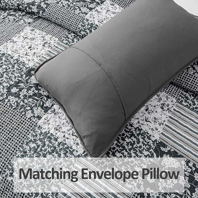 Mybedsoul Black Grey Boho Quilt Twin Size, Floral Bedspread Dorm Bedding | Soft Lightweight Patchwork Quilt, 2 Pieces Plaid Coverlet Set for All Seasons, Reversible Bedding Set 68"×86"