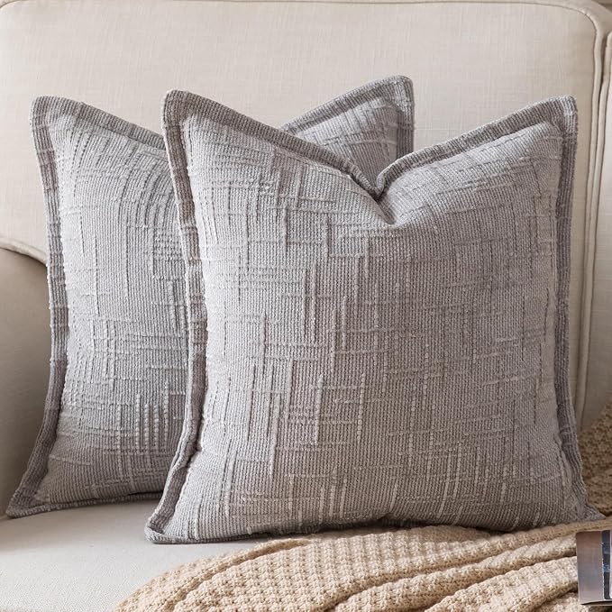 Yaertun Chenille Throw Pillow Covers 26x26 Inch Set of 2 Textured Broadside Soft Cozy Velvet Pillow Covers Modern Farmhouse Boho Decorative Pillow Cases for Couch Bed Sofa Livingroom Light Gray