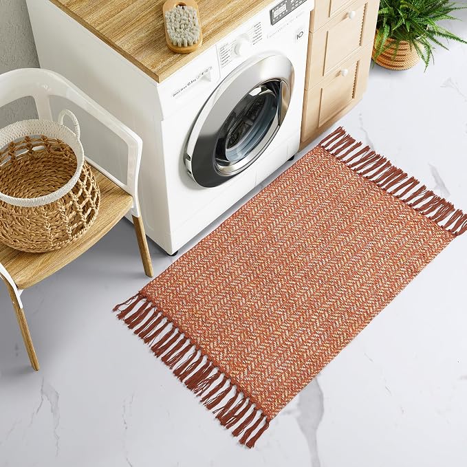 Lahome Boho Fall Bathroom Rugs, 2x3 Front Door Mat for Kitchen, Washable | Indoor Entryway Small Area Rug Woven Cotton with Tassels, Farmhouse Non Shedding Throw Low Pile Carpet for Bath Bedroom