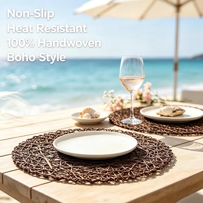 IcosaMro Brown Round Placemats Set of 12 for Dining Table, 13 Inches Paper Woven Boho Small Decorative Tan Circle Place Mat for Wedding Christmas Thanksgiving Day Holiday Dinner, Tan Brown