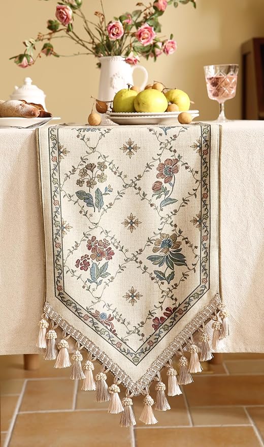 Patdrea Designer French Elegant Linen Table Runner,12"X71"-Audrey A | Vintage Tablerunner 71 Inches Long,Floral Pattern with Tassel Edge,Decorative Runner for Dining Room Living Room