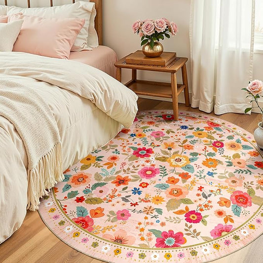 Washable Floral Area Rug for Living Room Round 4ft Pink Beige | Non-Slip，Vacuum-Friendly, Low Pile, Flower Carpet for Bedroom Kitchen Entryway Dining Room Office Nursery