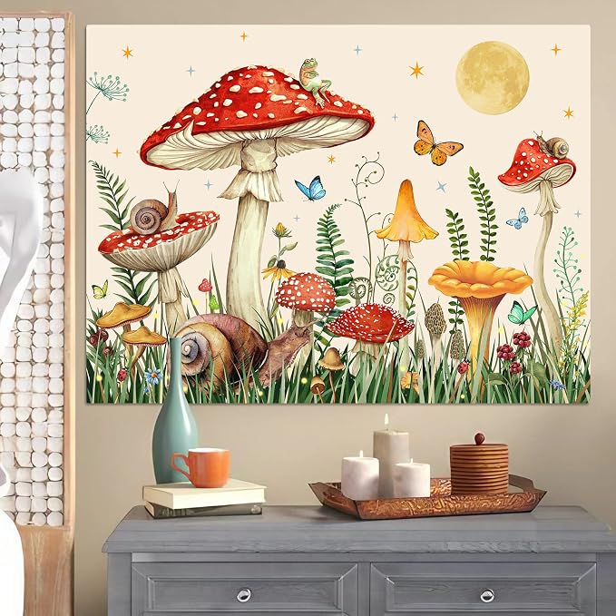 Zussun Red Mushroom Tapestry Moon Star Tapestries for Bedroom Aesthetic Beige Starry Night Green Plant Tapastrys Wall Hanging Butterfly Snail Frog Wall Tapestry for Living Room Dorm (Beige, 48" x 36")