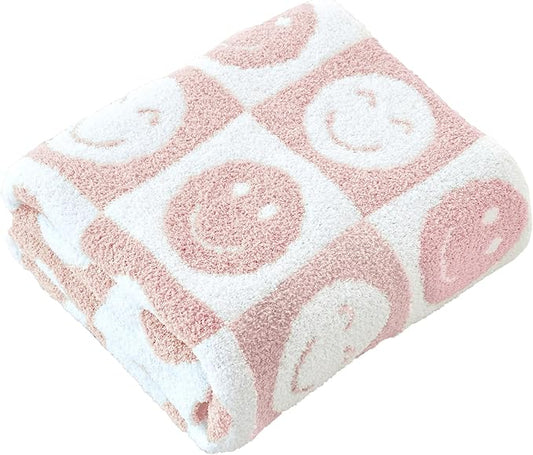Ultra Soft Cozy Happy Smiling Face Checkered Knitted Throw Blanket Fluffy Microfiber Checkerboard Bed Blanket Lightweight Both Sides Blanket for Couch Sofa Bed (Smile Pink, Throw 50“x60”)