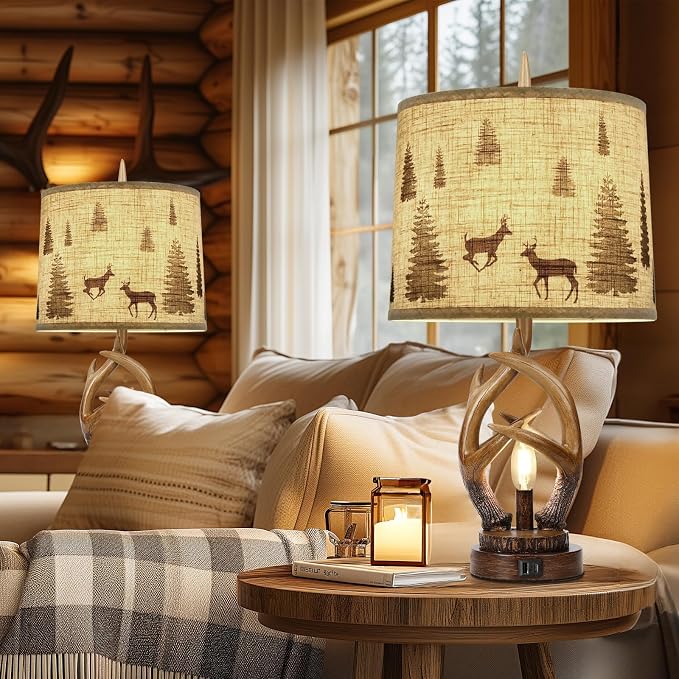 Scenekoy Rustic Farmhouse Antlers Table Lamp Set of 2 with Night Light