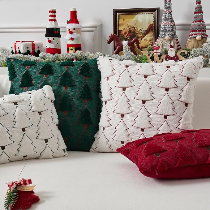 UGASA Christmas Tree Pillow Covers 18x18 Inch Set of 2 Soft Plush Faux Fur Luxury Embroidery Decoration Pillowcases for Couch Sofa Holiday Festivals Winter Xmas Gift, Green