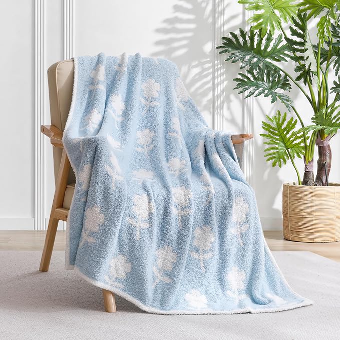 Snuggle Sac Flower Throw Blanket for Couch, Fuzzy Microfiber Warm Winter Daisy Floral Blankets, Sunflower Throws Gifts, Flower Blue, 50x60 inches