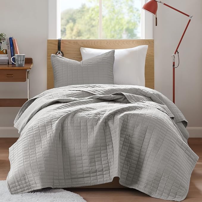 Comfort Spaces Kienna Twin Quilt Bedding Set 2 Piece, 66"x 90" Grey | Soft Cozy Lightweight Summer Twin XL Coverlet for College Dorm, Quilted Extra Layer, Modern Casual Bedroom Decor, OEKO-TEX