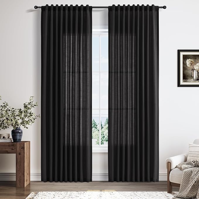 Linen Curtains 84 Inches Long for Living Room Semi Sheer Light Filtering Curtain Back Tab Rod Pocket Neutral Boho Modern Farmhouse Decor Window Drapes for Bedroom 52x84 2 Panels Black