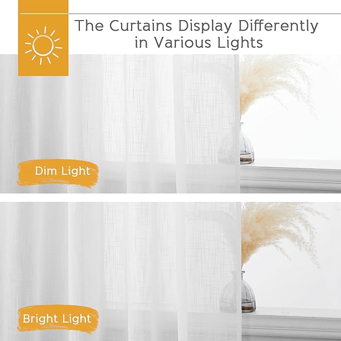RYB HOME Sheer Linen Textured Curtains 95 inches Long for Patio Door | Semi Sheers Drapes Light Airy Fabric, Light Airy, Breathable Fabric, for Living Room Dining, White, W70 x L95, 2 Panels