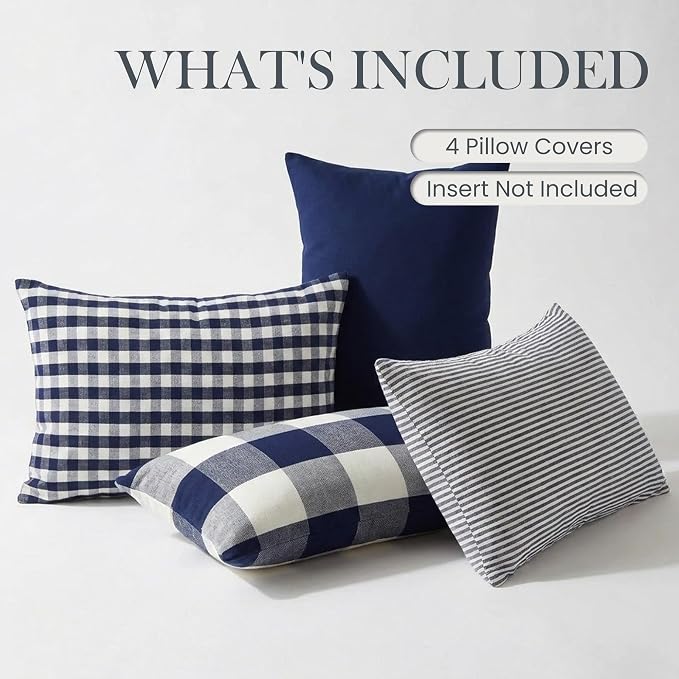Rectangle Navy Blue Striped Plaid Outdoor Lumbar Decor Pillow Covers 12x20 | Farmhouse Blue and White Decor Coastal Pillow Covers 20x12 Set of 4, Neutral Navy Blue Throw Pillows For Couch Sofa Patio