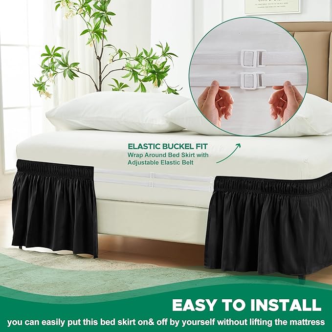 Wrap Around Queen Bed Skirt 22 Inch Drop-Elastic Long Dust Ruffle Black | Adjustable Pleated Bedskirt-Easy Fit Wrinkle Resistant Washable Hotel Quality Fabric Bed Skirting-Master Guest Bedroom Rental