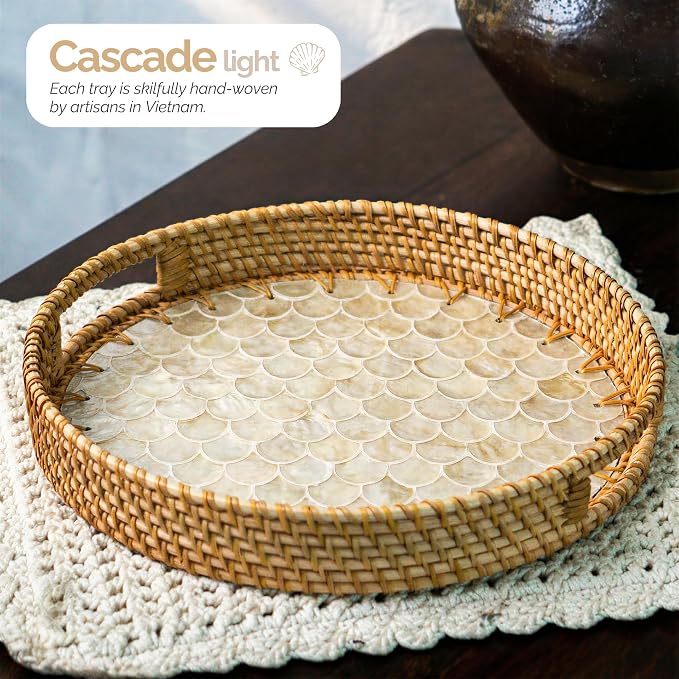 JUNGLE CULTURE Round Rattan Tray Mother of Pearl Inlay • Cascade Light 14"