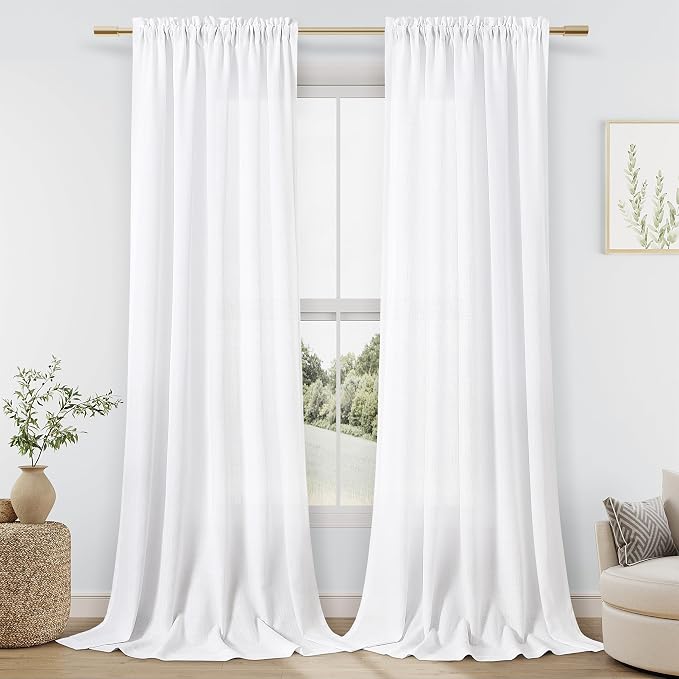 White Linen Curtains 102 Inch Length for Living Room Bedroom 2 Panels Set Rod Pocket Light Filtering Semi Sheer Window Curtains 52 Inch Width Boho Farmhouse Linen Drapes, W52xL102