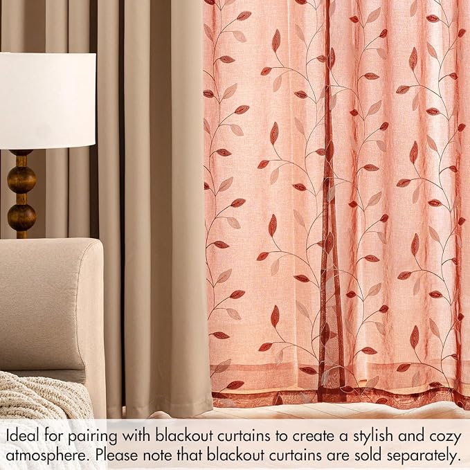 MIULEE Terracotta Sheer Fall Leaf Curtains Burnt Orange 2 Panels 52"x84" | Embroidered Floral Semi Sheer,Rod Pocket,Faux Linen,Short Window Curtains Drapes Set for Kitchen/Bathroom/Cafe
