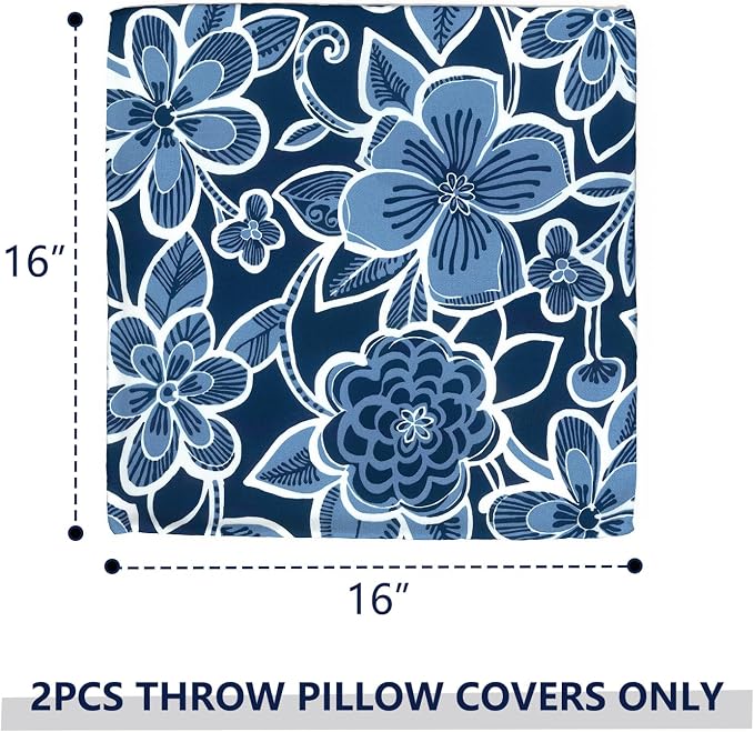 Outdoor Throw Pillow Covers 16x16 Inch, Square Patio Pillow Cases Pack of 2, Modern Decorative Back Cushion Covers for Patio Furniture Garden Couch Farmhouse,Flower Navy