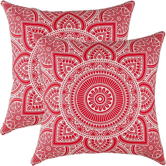 TreeWool Mandala Accent Throw Pillow Covers 18x18 Set of 2 (Red) | Decorative Throw Pillowcases for Sofa & Couch; 100% Cotton Accent Covers Ideal for Spring & Summer Stylish Home Decor