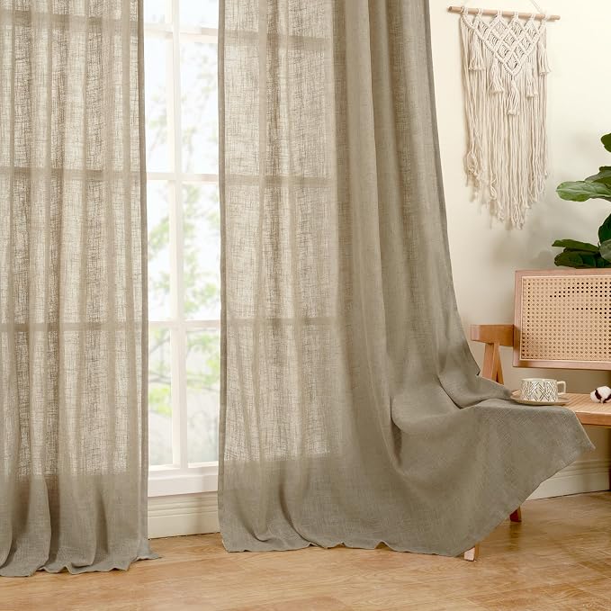 Taupe Sheer Linen Curtains 80 inch Light Filtering Semi Sheer Panels | Linen Textured, Farmhouse Curtains for Bedroom, Living Room, Window Treatment, Rod Pocket Back Tab, 52 x 80 Inch, 2 Panels