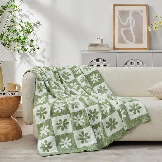 Snuggle Sac Checkered Blanket, Sage Green Flower Throw Blanket for Couch Plaid Microfiber Fluffy Warm Cozy Fuzzy Soft Throw Blanket Reversible Checkered Blankets for Sofa, Chair, Bed, 60x80 inches