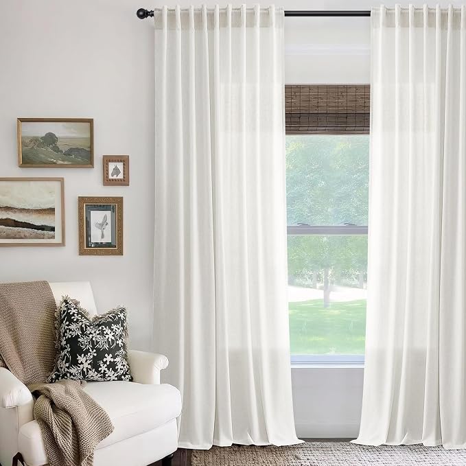 Jowels 70 Inch Extra Wide Natural Linen Curtains 90 Inch Long 1 Panel | Ivory Light Filtering Sheer Curtain,Back Tab Pocket Pleated Look,Modern Farmhouse Textured Privacy Drapes for Living Room