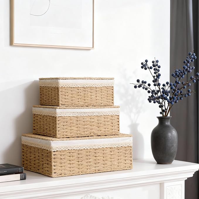 Nonam Rattan Divided Storage Basket with Lid, Set of 3, Natural | Large Basket Organizer for Shelf, Wicker Bins for Closet, Boho Shelf Decor Covered Basket Home Storage Container