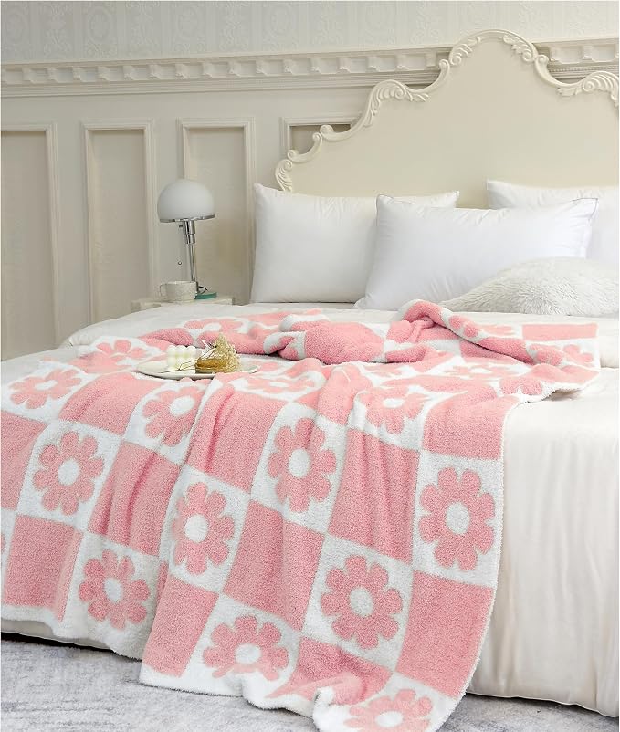 Ultra Soft Cozy Checkered Sunflower Knitted Throw Blanket Fluffy Microfiber Checkerboard Bed Blanket Lightweight Both Sides Throw Blanket for Couch Sofa Bed 50"X60" Pink¡­