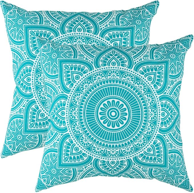 TreeWool Mandala Accent Throw Pillow Covers 18x18 Set of 2 (Turquoise) | Decorative Throw Pillowcases for Sofa & Couch; 100% Cotton Accent Covers Ideal for Spring & Summer Stylish Home Decor