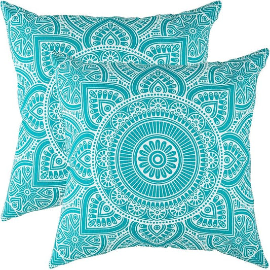 TreeWool Mandala Accent Throw Pillow Covers 18x18 Set of 2 (Turquoise) | Decorative Throw Pillowcases for Sofa & Couch; 100% Cotton Accent Covers Ideal for Spring & Summer Stylish Home Decor