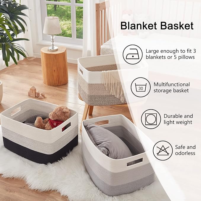 OIAHOMY Blanket Basket Laundry Basket Dog Toy Basket 75L Gradient Black | Large Storage Basket,Baby Basket,Toy Storage,Woven Rope Basket for Blankets,Blanket Storage for Living Room