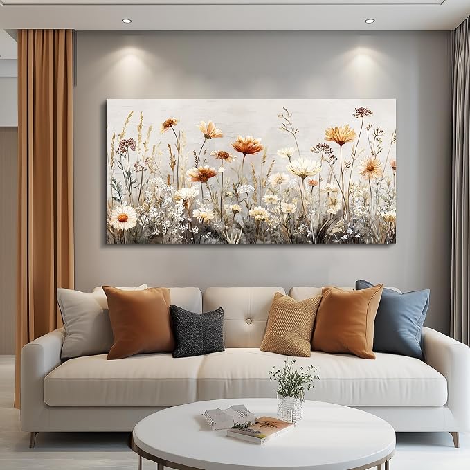 QIYILEXWART Large Wall Decor For Living Room Canvas Wall Art For Office Modern Wall Decorations For Bedroom Neutral Wildflower Landscape Painting Farmhouse Pictures Artwork Home Decor 24x48