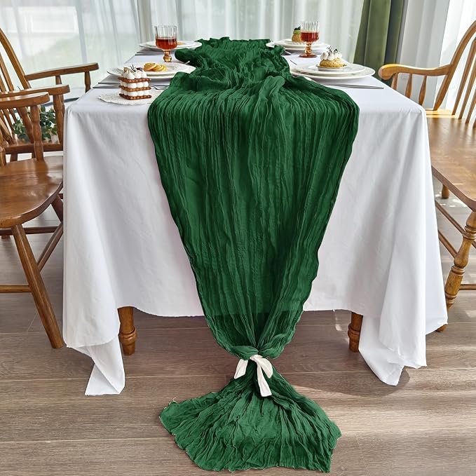 IVAPUPU Emerald Green Table Runner 120 Inch for Christmas Party Home Decor | 4 Pcs Boho Gauze 10FT Cheesecloth Table Runners for Wedding Baby Shower Decorations Summer Garden Farmhouse