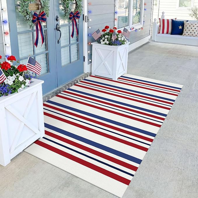 KILOCOCO 250th Anniversary Patriotic Striped Rug 4x6 ft, Red Blue White | Washable Front Door Rug, Woven Welcome Mat for Front Porch, Outdoor Rug for Memorial Day, Indoor Independence Day Decor